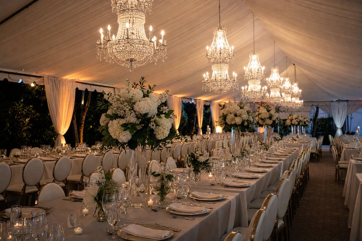 Elegant tented fundraiser gala dinner with crystal chandeliers, long banquet tables and white floral centerpieces by Creative Events & Rentals