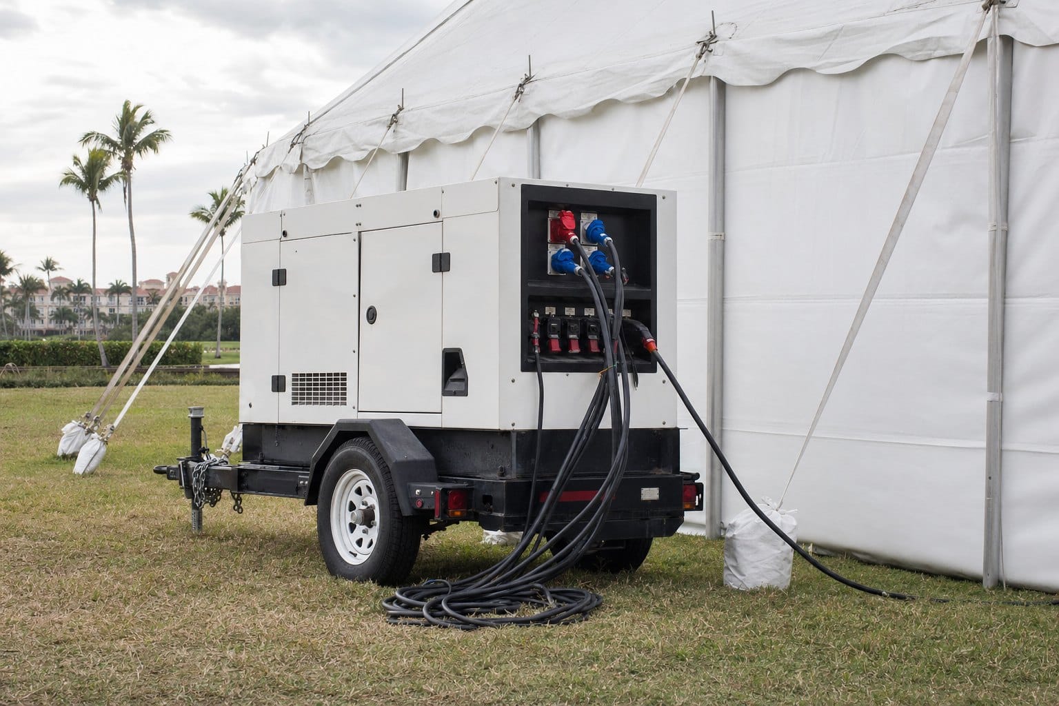 Towable generator with connected power cables beside a white event tent