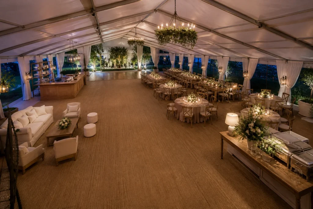 Tented reception layout with clear circulation between dining, lounge, bar and dance floor areas