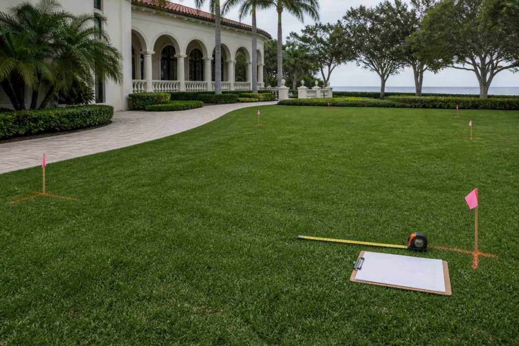 Florida estate lawn marked for an event site review with measuring tape and a layout plan