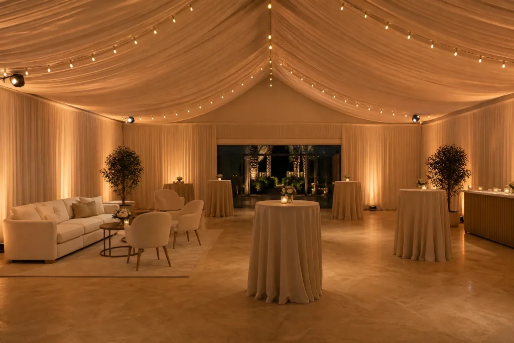 Evening reception with professionally installed ceiling drape, pipe and drape and warm event lighting