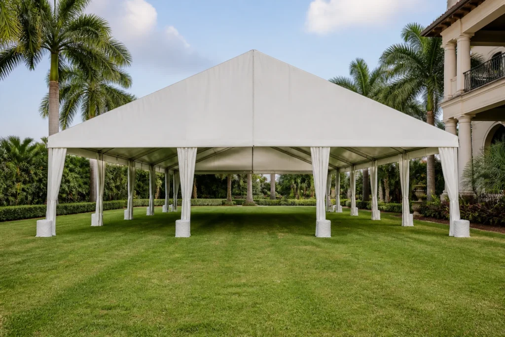 White reception tent installed on a manicured Southwest Florida estate lawn