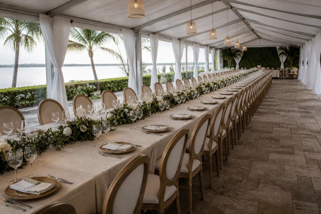 Long reception table with aligned seating, neutral linens, glassware and low floral centerpieces