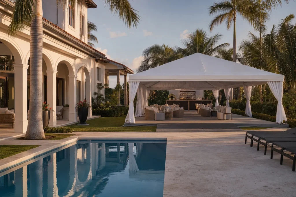 Weighted poolside event tent with lounge seating, bar service and clear deck circulation