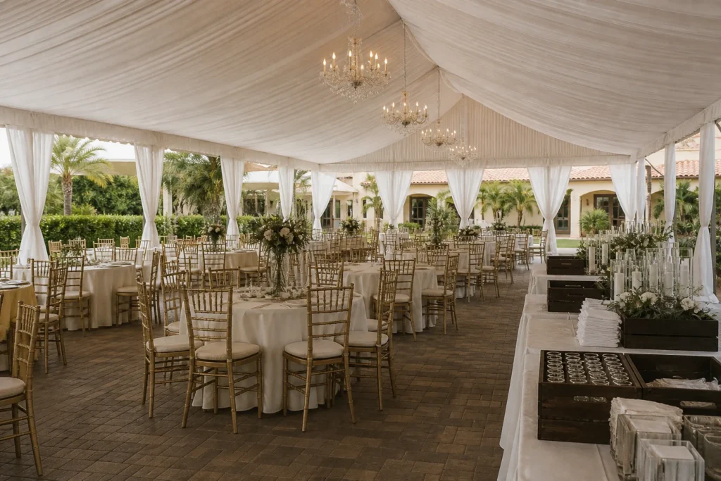 Reception tent setup with aligned dining tables, chairs, chandeliers and organized service stations
