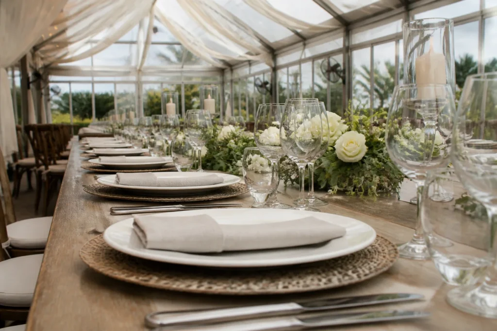 Professionally aligned reception place settings with chargers, glassware, napkins and white florals