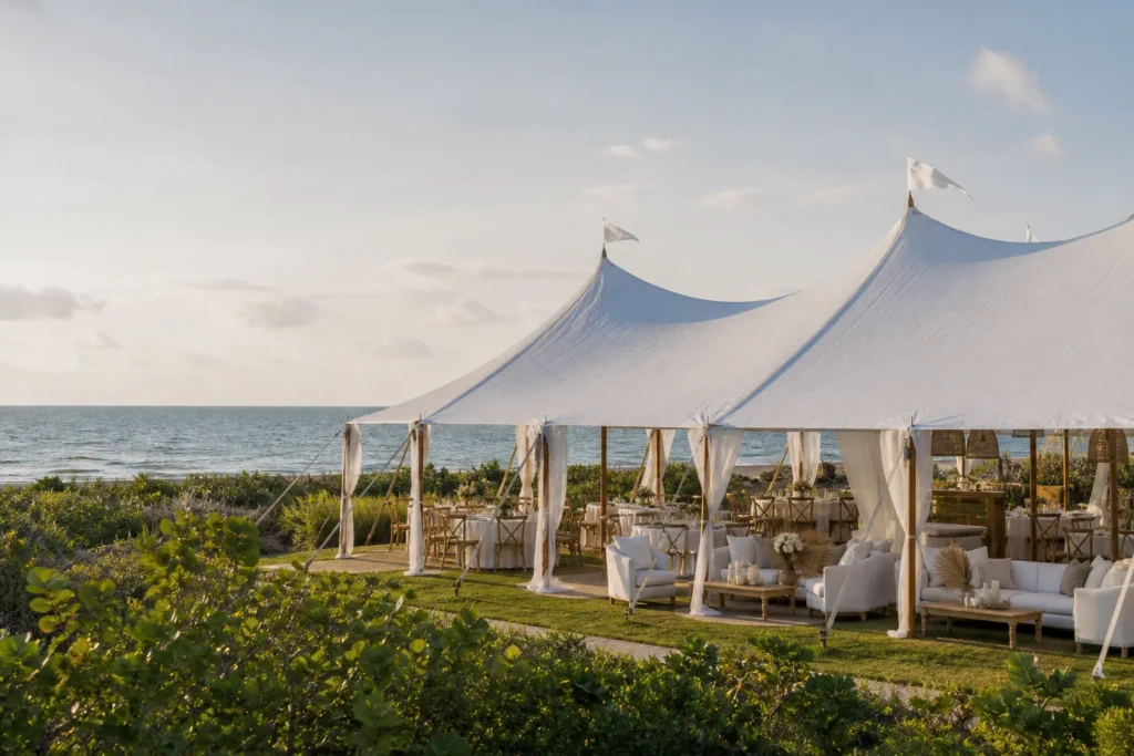 Gulf-front island estate event with a white reception tent, coastal tabletop and lounge seating