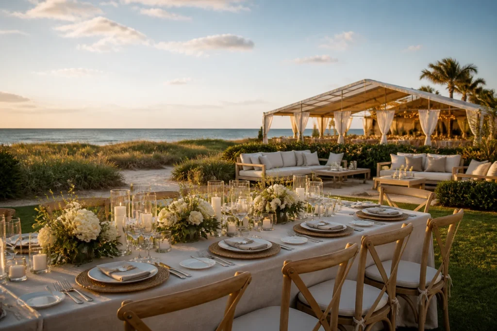 Elegant Naples beachfront estate dinner with refined tabletop, lounge seating and a Gulf-view tent