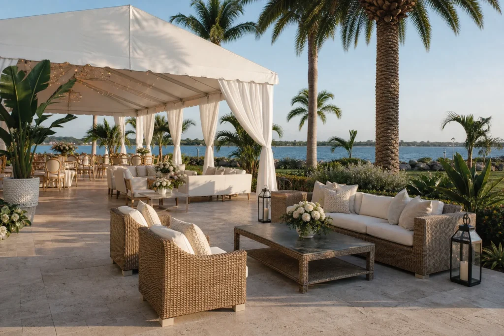 Refined Southwest Florida bayfront event with a white tent, garden landscaping and coastal lounges