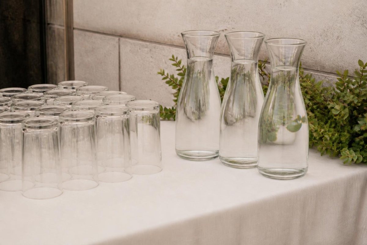 Water carafes and clean glasses on a separate service table