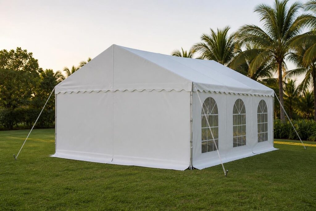 White event tent with window sidewalls on a lawn