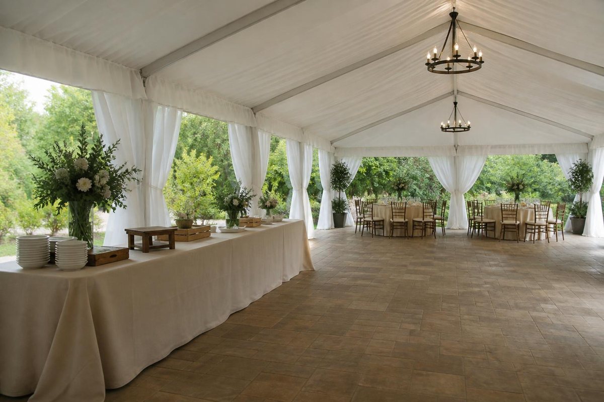 Tent interior with a separate buffet and dining area