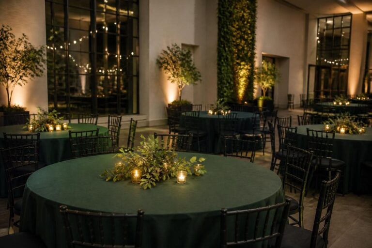 Company holiday reception tables with dark green linens
