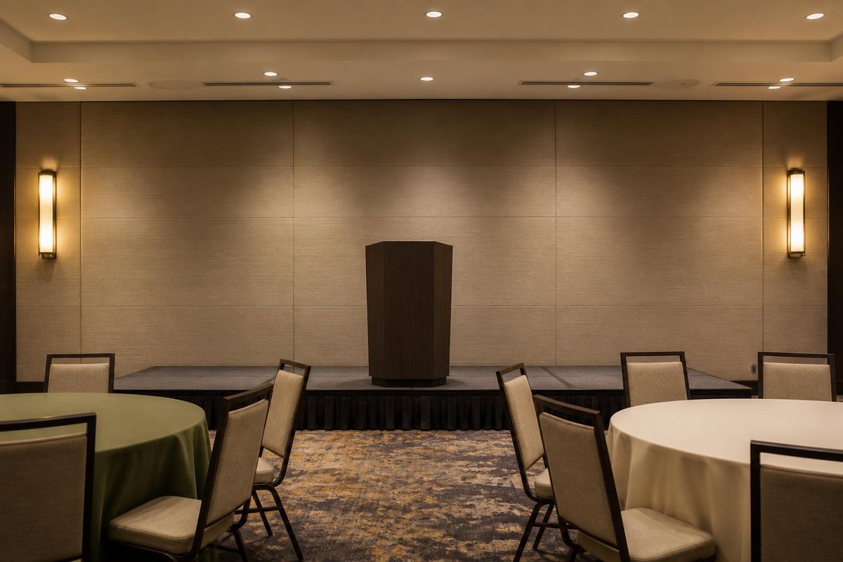 Small presentation stage and podium facing dinner tables