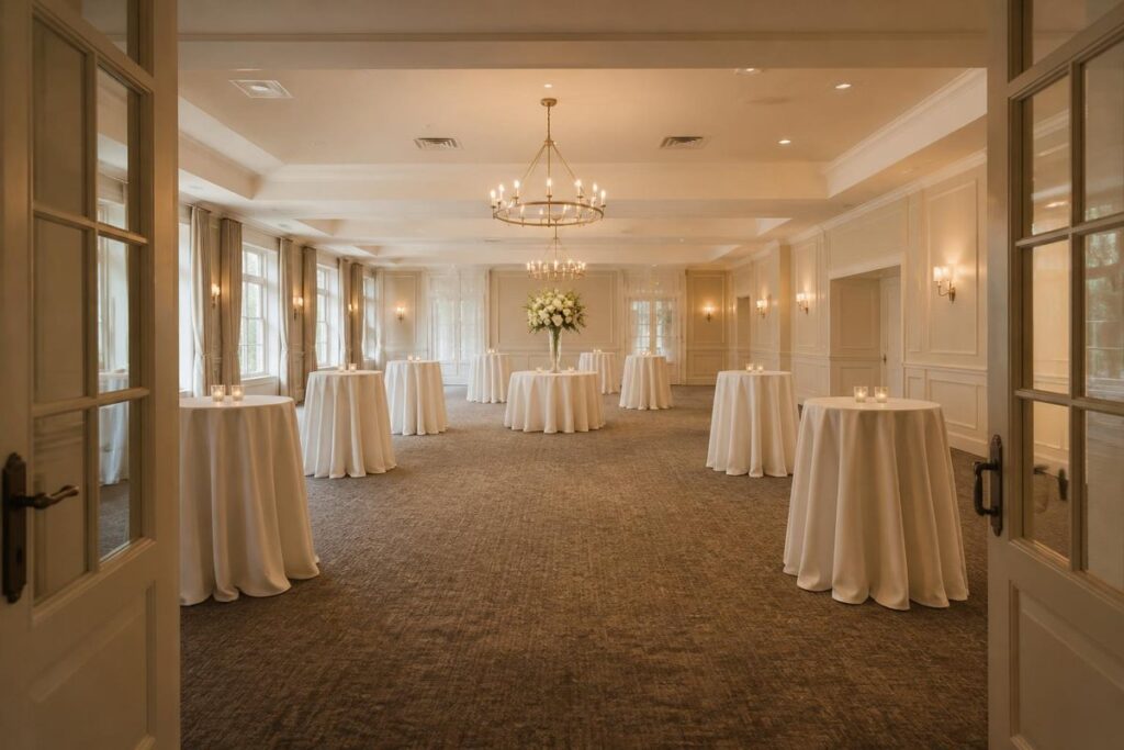 Reception room with cocktail tables ready for guests