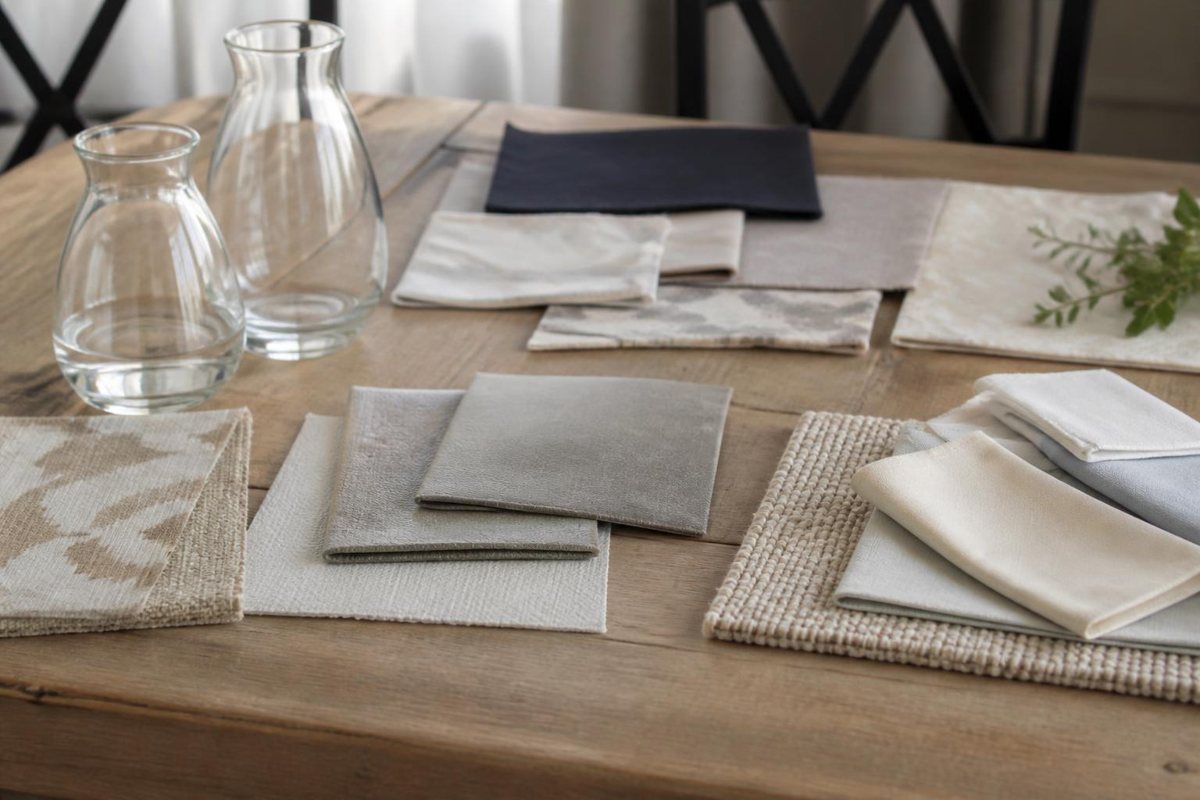 Fabric swatches and glass vases on an event design table