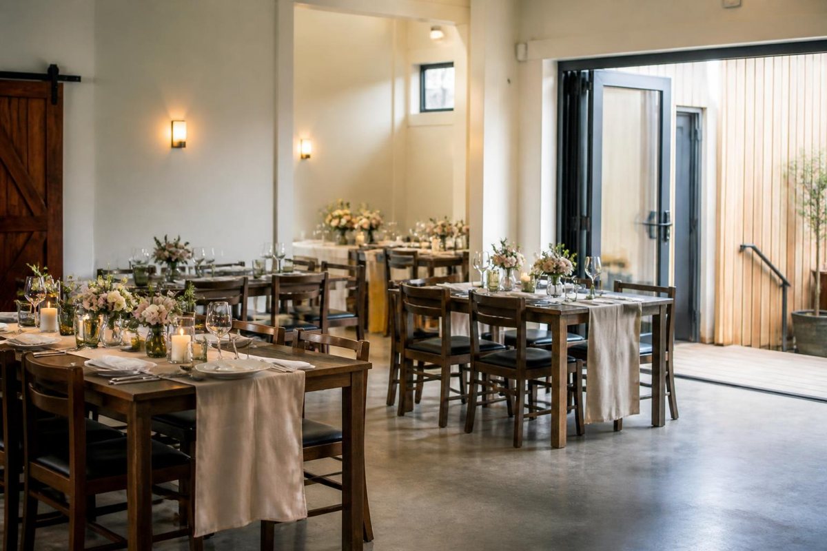 Dining tables beside a broad open service entrance
