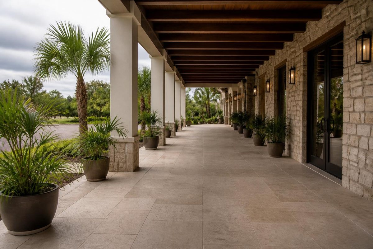 Covered outdoor route with an unobstructed walking surface