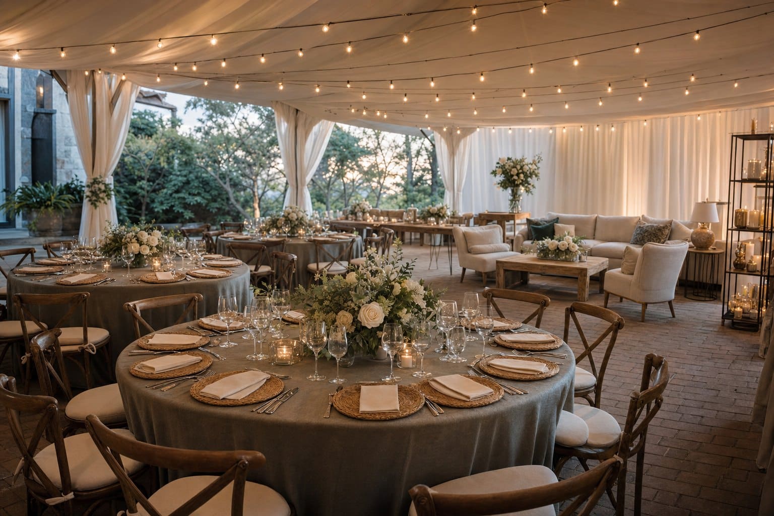Reception tables and lounge seating arranged beneath a tent