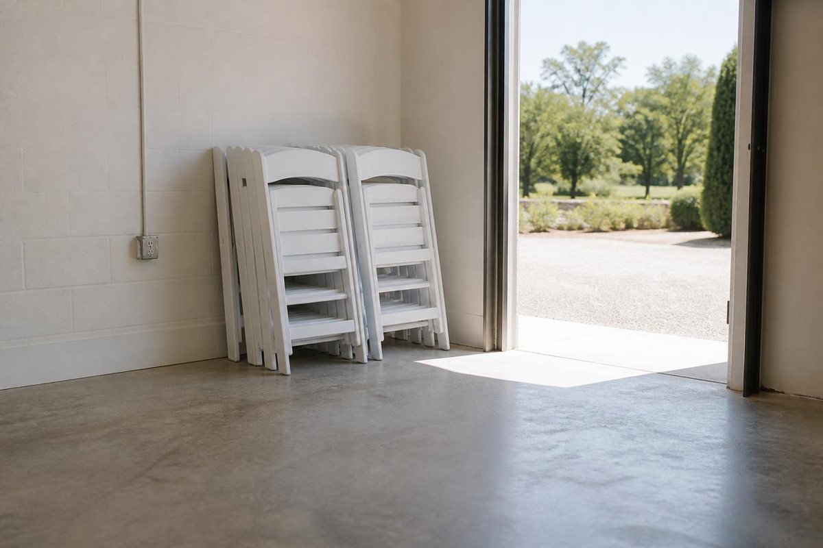 Folded white chairs stored beside a wide doorway