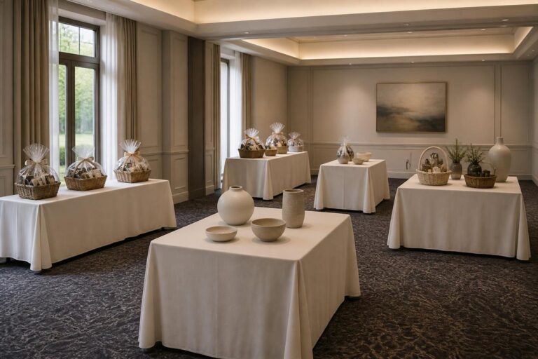 Silent auction display tables separated by clear aisles