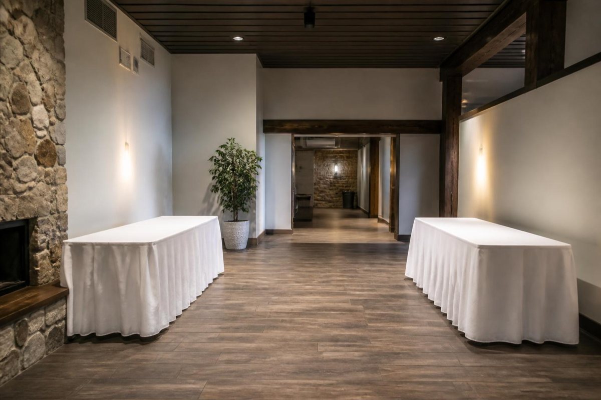 Two checkout tables with an open route between them