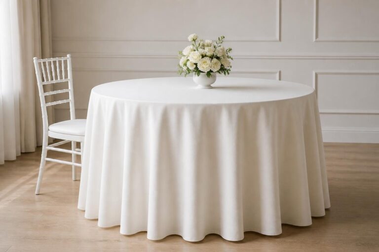 Floor-length ivory tablecloth on a round event table