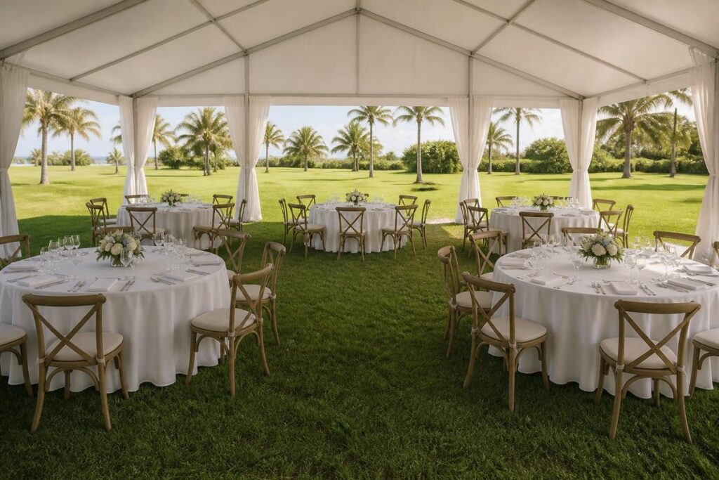 Round dining tables and clear aisles inside a white event tent