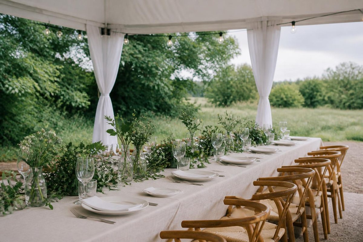Linen-covered reception table with greenery beneath a canopy