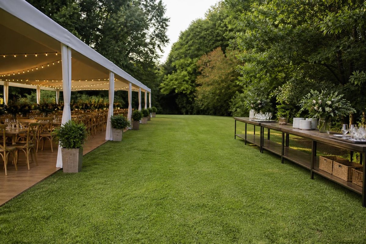 Open lawn route between a tent and separate service tables