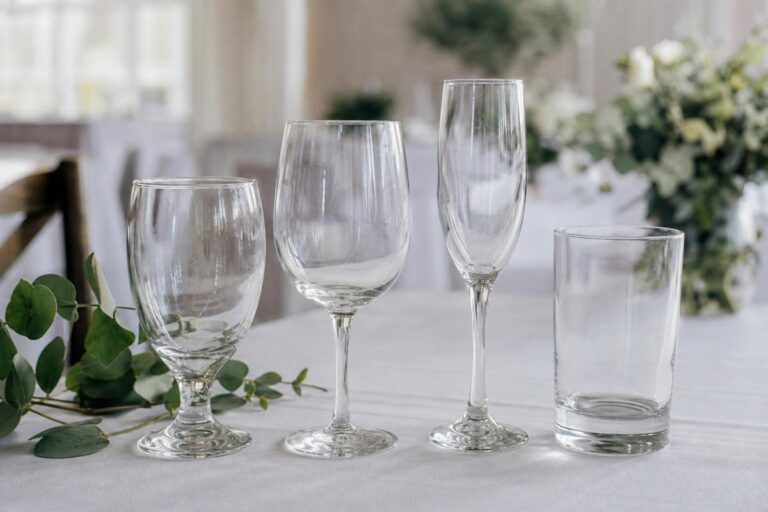 Water goblet, wine glass, champagne flute and tumbler on a reception table