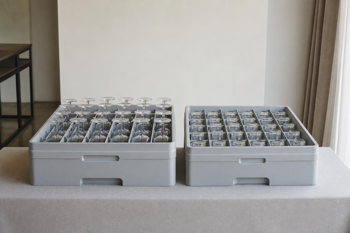 Wine glasses and tumblers separated into gray glass racks