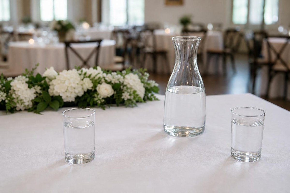 Two water tumblers and a carafe on a linen-covered reception service table