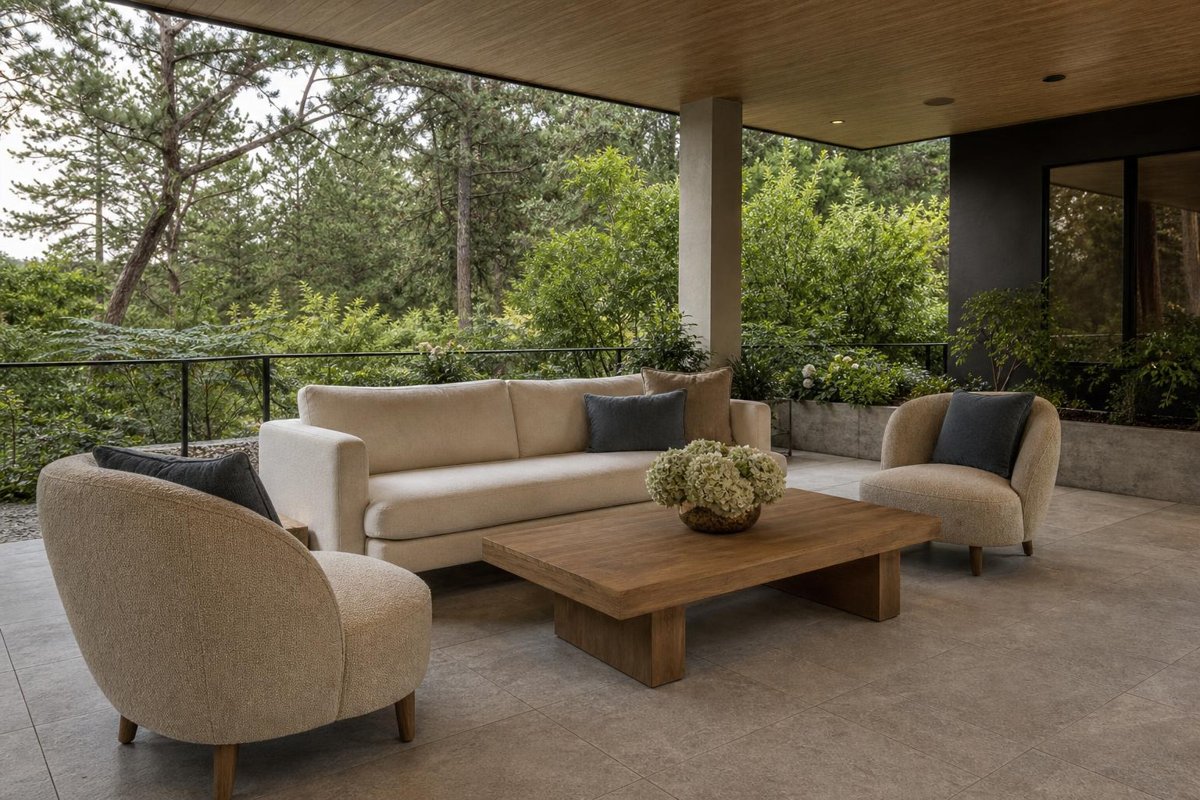 Neutral sofa and armchairs around a wood coffee table on a covered terrace