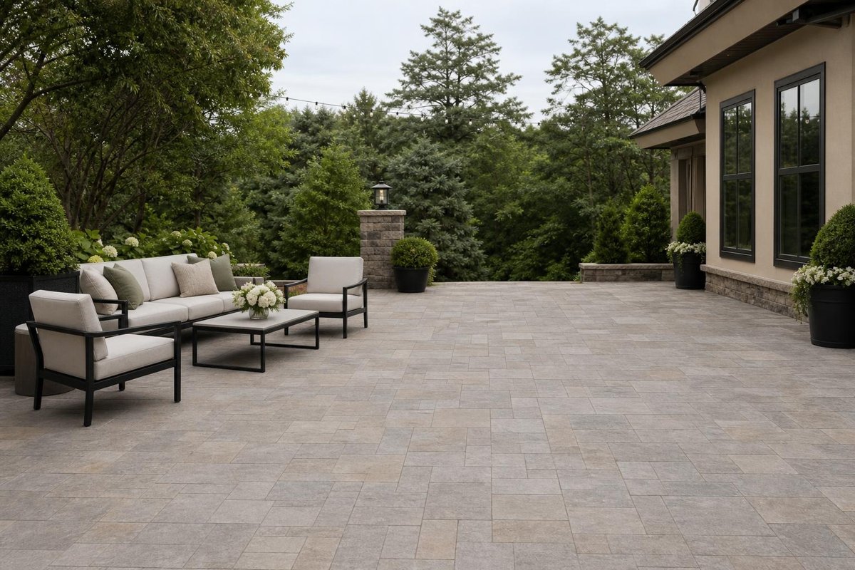 Lounge furniture beside a clear paved terrace walkway