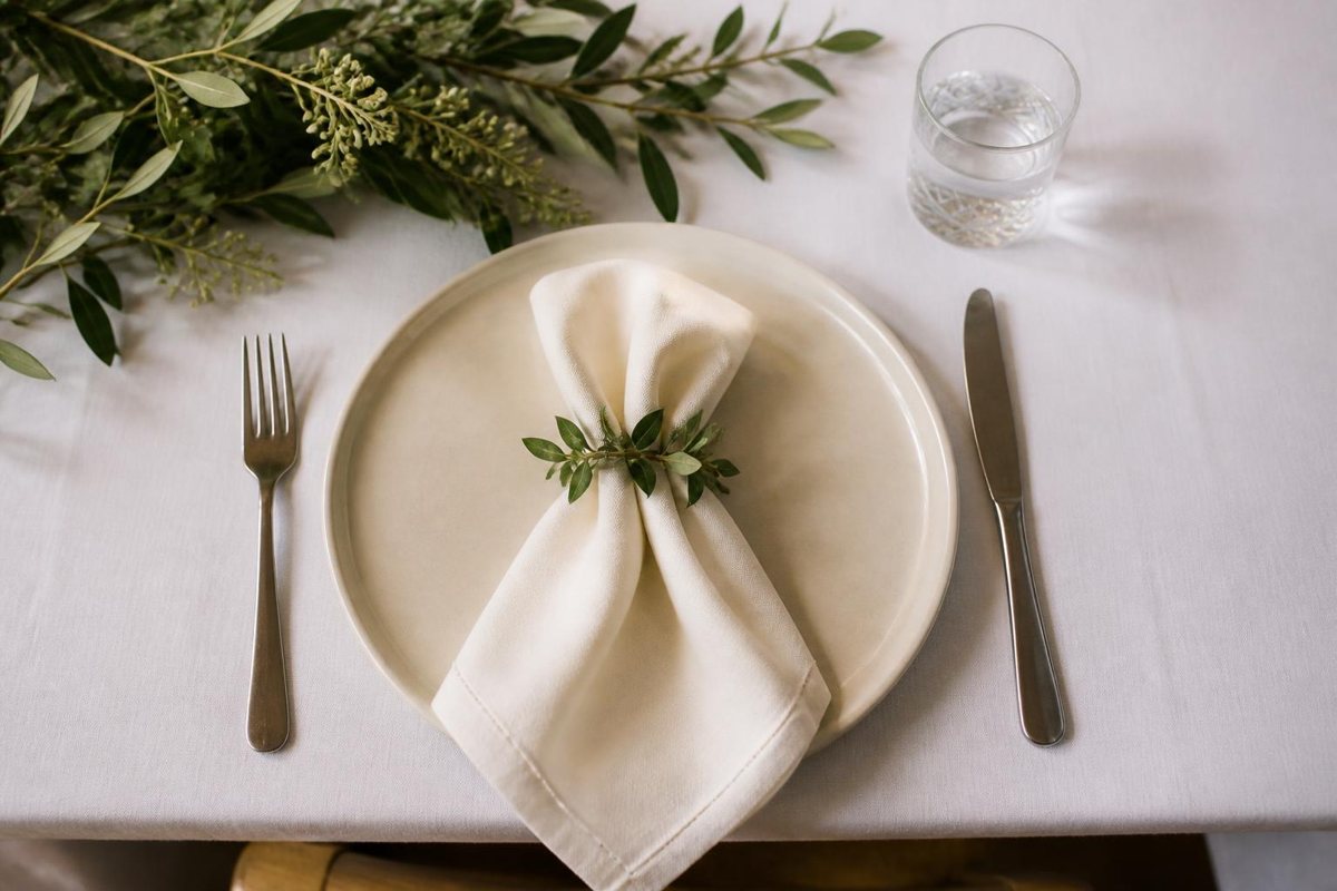 Wedding place setting with an ivory napkin and greenery