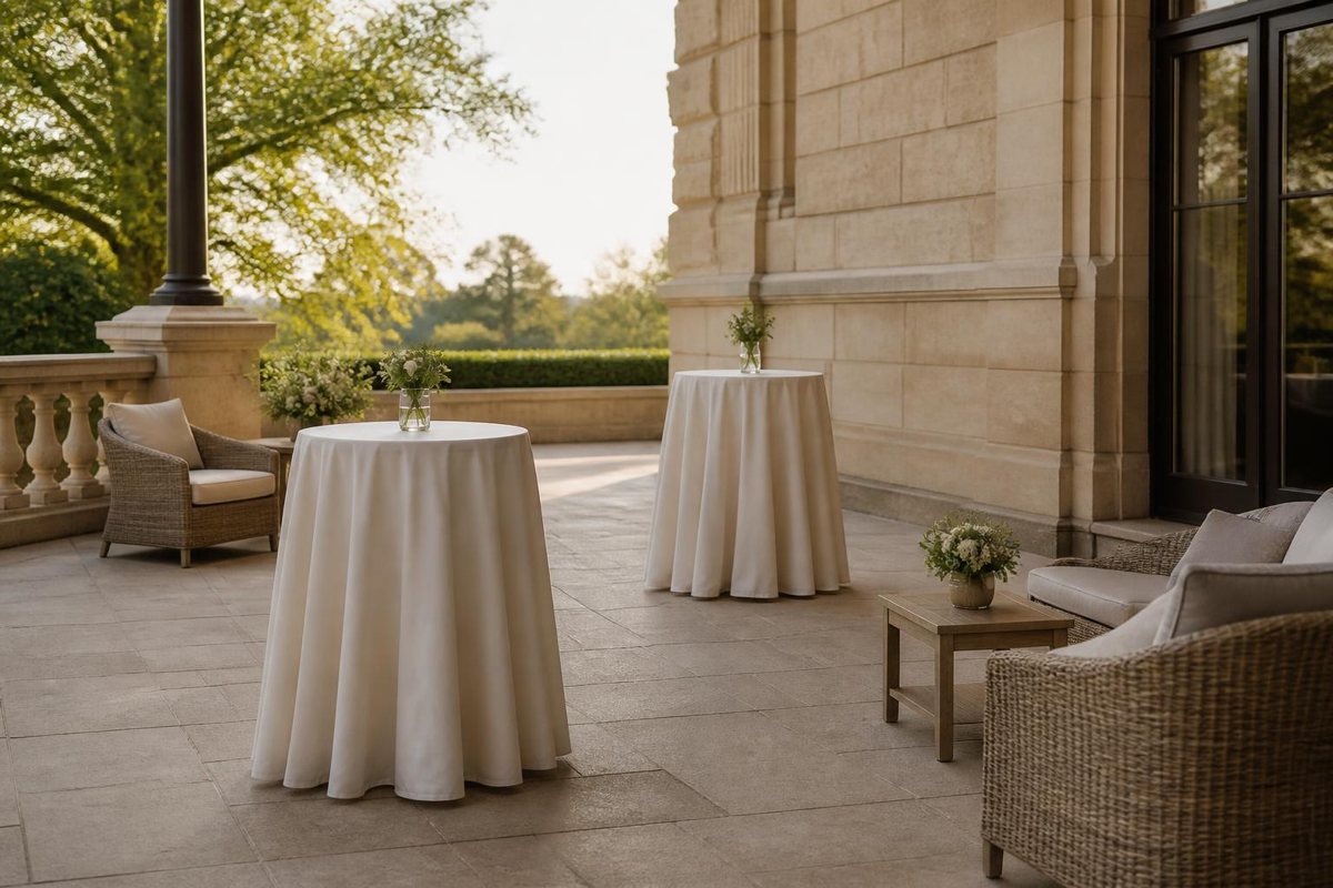 Cocktail tables and lounge chairs on a terrace