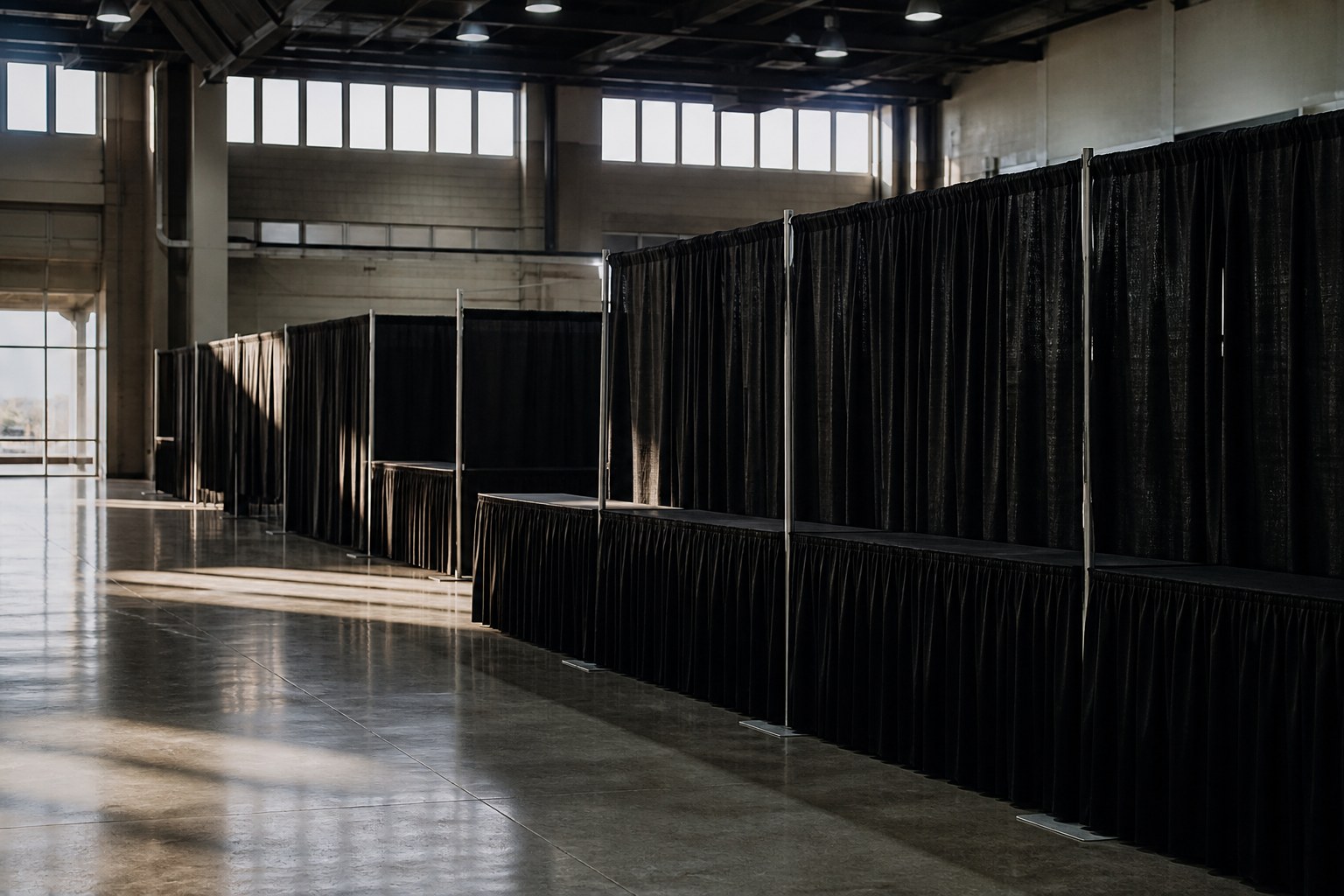 Rows of vendor booths divided by black pipe and drape in a large hall