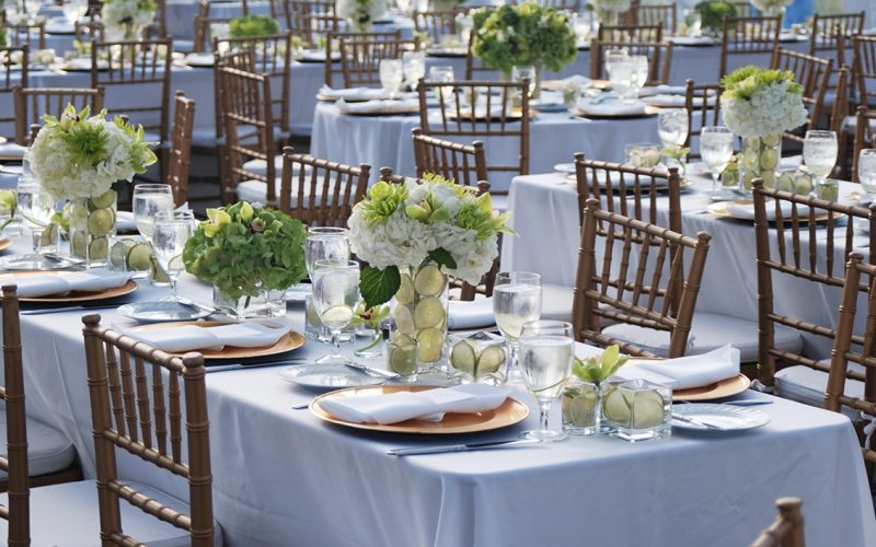 Formal event table settings with linens and tabletop rentals