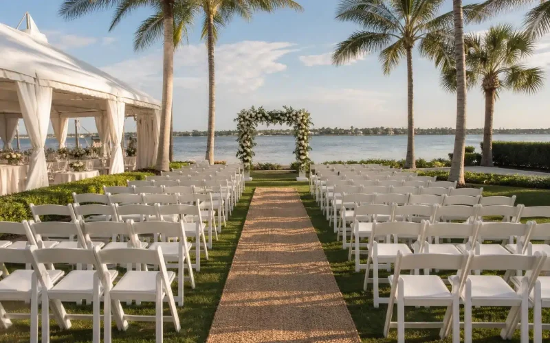 Waterfront wedding ceremony with white chairs and floral arch