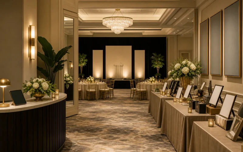 Fundraising gala layout connecting check-in, auction displays, dinner seating and the program stage