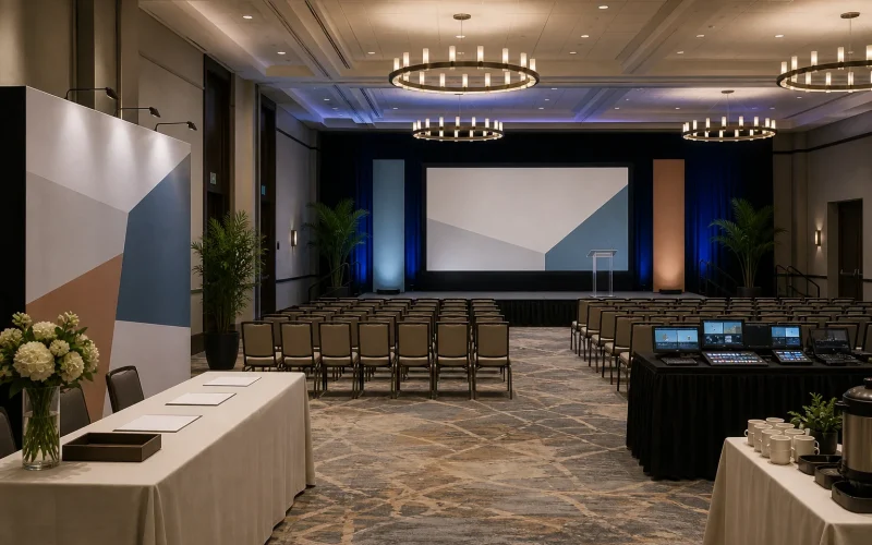 Coordinated corporate event room with registration, sponsor panels, stage, AV control and aligned seating